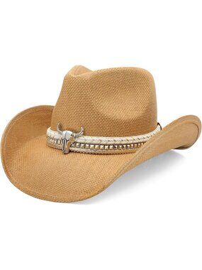 Men's Brown Color Elastic Closure Straw Wide Shapeable Brim Cowboy Western Hat